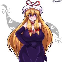 1girls artist_name big_breasts blonde_hair breasts cleavage hand_on_waist hat light-skinned_female long_gloves long_hair mature_female purple_dress purple_eyes seireiart smile solo solo_female touhou watermark white_background yukari_yakumo