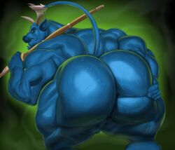 absurd_res anthro ass back_muscles big_butt blue_body blue_skin bodily_fluids bovid bovine cattle hi_res horn huge_butt justmegabenewell male mammal muscular muscular_anthro muscular_male muscular_thighs solo spread_butt spreading sweat sweatdrop wide_hips