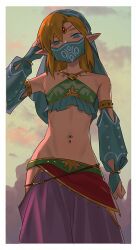 elf_ears facemask femboy feminine_body feminine_clothing feminine_male link long_hair long_hair_male looking_at_viewer mask navel_piercing necklace nintendo no_watermark pointy_ears the_legend_of_zelda white_skin