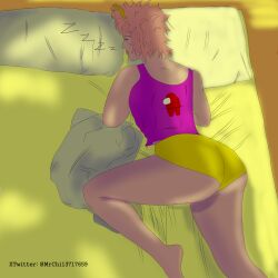 1girls ass ass_bigger_than_head ass_focus ass_visible_through_thighs athletic athletic_female bed bedroom boku_no_hero_academia closed_eyes closed_mouth female horns impostor_(among_us) legs legs_held_open mina_ashido mr.chi my_hero_academia pajamas pillow pink_body pink_hair pink_skin self_upload shirt shorts sleeping solo solo_female solo_focus sunlight thighs weird yellow_background