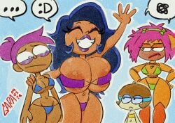 2024 4girls areolae bikini blue_bikini blue_hair breast_envy brown_hair cropped_legs dark-skinned_female dendy_(ok_k.o.!_let's_be_heroes) embarrassed enid enid_mettle eyepatch_bikini garabatoz green_bikini grin hourglass_figure lips looking_at_another ok_k.o.!_let's_be_heroes purple_bikini purple_hair robot_girl shannon_(ok_k.o.!_let's_be_heroes) shannon_boxman smile standing waving wilhamena wilhamena_mettle