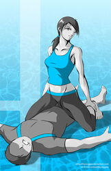 1boy 1girls armpit bare_arms bare_shoulders barefoot black_hair black_pants blue_tank_top breasts collarbone cowgirl_position dual_persona faceless faceless_male feet female female_on_top girl_on_top grey_hair grey_shirt grey_skin grin kneeling long_hair looking_at_viewer lying male medium_breasts midriff neck nintendo on_back on_top pants parted_lips ponytail shadow shirt short_hair short_sleeves sitting sitting_on_person smile spread_arms spread_legs straight super_smash_bros. t-shirt tank_top tease teasing unhealthyveggies wii_fit wii_fit_trainer woman_on_top