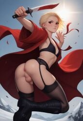 ai_generated anus anus_peek artificial_intelligence boots femboy garter_belt jumping kimono knife penis_peek rqueirozbr stockings superheroine