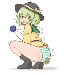 black_footwear black_hat green_eyes green_hair koishi_komeiji komeiji_koishi no_skirt panties panty_poop scat soiling squatting striped_panties third_eye touhou touhou_project water_noodle yellow_shirt