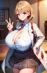 ai_generated bare_legs brown_eyes brunette_hair curvaceous curvy_female gigantic_breasts huge_breasts large_breasts light-skinned_female light_skin looking_at_viewer milkersenjoyer narusawa_ryouka occultic;nine peace_sign short_hair smiling thick_female voluptuous voluptuous_female