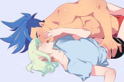 2boys bed black_underwear blue_background blue_hair blue_shirt bob_cut closed_eyes color french_kiss galo_thymos gay gay_kissing green_hair hand_on_another's_face hand_on_another's_stomach kissing kukumomo lio_fotia long_hair lying lying_on_back lying_on_bed muscular muscular_male nipples partially_clothed pink_highlights promare red_underwear romantic romantic_couple shirtless short_hair spiky_hair studio_trigger toned toned_male topless twink underwear_only yaoi