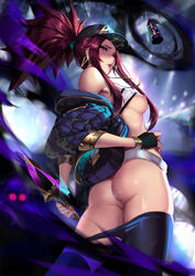 1girls absurdres akali alternate_costume ass bag bare_shoulders baseball_cap belt_pouch bikini bracelet breasts breasts_out censored cianyo cleavage contrapposto crop_top dagger earrings female fingerless_gloves fingernails from_behind gloves glowing glowing_eye hand_on_hip hat headset highres holding holding_weapon idol jacket jewelry k/da_akali k/da_series league_of_legends lips long_hair looking_at_viewer looking_back medium_breasts mosaic_censoring nail_polish nipples off_shoulder open_clothes open_jacket paid_reward parted_lips patreon_reward ponytail pouch purple_eyes purple_hair pussy pussy_juice red_hair reverse_grip shiny shiny_hair shiny_skin shirt_lift sideboob sidelocks simple_background solo swimsuit thighs uncensored weapon yellow_eyes