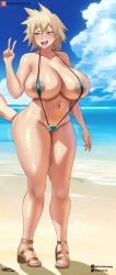 1girls beach big_breasts blonde_hair breasts delta26 gigantic_breasts huge_breasts huge_thighs mitsuki_bakugou my_hero_academia red_eyes sling_bikini smile string_bikini