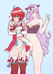 1boy 1futa balls bdone blush breasts camilla_(fire_emblem) cleavage embarrassed erection femboy fire_emblem fire_emblem_fates futa_is_bigger futa_only futa_with_male futanari girly hinoka_(fire_emblem) huge_penis intersex larger_futanari nintendo penis penis_size_comparison penis_size_difference rule_63 sissy small_penis small_penis_humiliation thighhighs trap