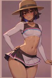 1boy abs ai_generated black_hair blush brown_eyes collar crop_top cute darabri fedora femboy feminine_male flat_chest flat_chested girly headwear logo midriff miniskirt navel otoko_no_ko outlines patreon patreon_logo pov pov_eye_contact simple_background skirt solo thick thick_ass thick_thighs thighs thin_waist toned trap