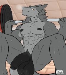 5_fingers anthro balls barbell barbell_squats bodily_fluids cocky daddy darkened_balls darkened_genitalia darkened_penis exercise fingers flaccid foreskin fur genitals grey_body grey_fur gym haydenskull heavy_balls hi_res humanoid_genitalia male male_only manly musk musk_clouds nipples nude orange_eyes penis public public_nudity saggy_balls sergal solo sweat sweaty_balls sweaty_genitalia sweaty_penis unretracted_foreskin weightlifting workout