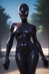 1girls ai_generated breasts claws cunningstuntda evil_smile female_only humanoid looking_at_viewer marvel marvel_comics monster_girl navel nipples sharp_teeth she-venom solo_female venom_(marvel)