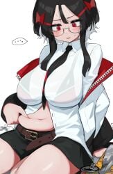 1girls belly belly_grab belt big_breasts bikini bikini_top black_hair blush bra_visible_through_clothes breasts collared_shirt dress_shirt female female_only glasses grabbing hair_between_eyes hi_res high_resolution highres hizake huge_breasts jacket kashu_(hizake) large_breasts light_skin light_skinned_female long_sleeves mozu_(hizake) navel necktie oc open_mouth original original_character pale-skinned_female pale_skin pinching plump red_eyes see-through see-through_shirt shirt short_hair_with_long_locks sidelocks simple_background skirt solo solo_female speech_bubble spoken_ellipsis thighs tie weight_conscious white_background white_shirt
