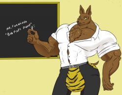 1boy a-side abs anthro anthro_only assless_chaps biceps chalkboard chaps chest_hair chest_tuft chihuahua dilf furry himbo jockstrap male male_only mexican moustache mr._fernando muscles muscles_through_clothes muscular_male pecs professor solo teacher tiger_print tight_clothing tight_fit veiny_muscles yellow_eyes