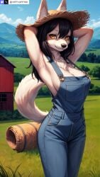 ai_generated animal_ear_fluff animal_ears anthro armpits arms_behind_head arms_up artist_name bangs black_hair blue_sky body_fur breasts canine cleavage cloud cowboy_shot day denim female furry furry_female grass hair_between_eyes hat large_breasts long_hair looking_at_viewer mountain naked_overalls outdoors overalls sky smile snout solo stable_diffusion standing straw_hat tail twitter twitter_username watermark wolf wolf_ears wolf_girl wolf_tail yellow_eyes yiffyjiffy69