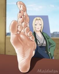 1girls 2d bangs barefoot big_feet blonde_hair brown_eyes crossed_ankles crossed_feet feet feet_focus feet_on_table feet_together female female_only foot_fetish foot_focus full_color fully_clothed long_hair long_toes looking_at_viewer majdutsu mature_female meaty_soles milf milfs naruto naruto_(series) naruto_shippuden no_penetration older_female red_toenails sitting soles solo solo_female toenail_polish toenails toes tsunade wrinkled_feet wrinkled_soles