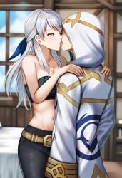 ai_generated belt black_pants black_strapless fingerless_gloves fire_emblem fire_emblem:_radiant_dawn fire_emblem_heroes from_behind height_difference jeans kiran_(fire_emblem) kissing micaiah_(fire_emblem) midriff nai_diffusion stable_diffusion strapless