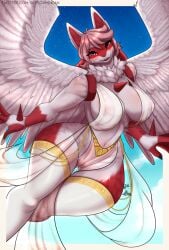 anthro ass big_breasts breasts butt_from_the_front canid canine chest_spike feathered_wings feathers female fur generation_4_pokemon genitals hair hand_spike hi_res lucario mammal neck_tuft nintendo nipples pokemon pokemon_(species) pussy red_body red_eyes red_fur simple_background skylosminkan solo spikes spikes_(anatomy) thick_thighs thigh_gap tuft white_body white_fur wide_hips wings