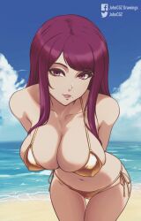 1girls alternate_costume bare_shoulders bikini breasts cleavage collarbone female female_only fire_emblem fire_emblem_engage gold_bikini gold_swimsuit highres ivy_(fire_emblem) johncgz large_breasts leaning_forward long_hair looking_at_viewer mole mole_under_mouth more_at_source navel nintendo purple_eyes purple_hair shiny_swimsuit smile solo swimsuit yellow_bikini yellow_swimsuit