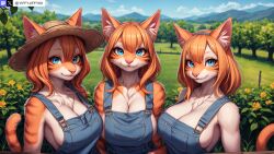 3girls ai_generated animal_ear_fluff animal_ears anthro artist_name blue_eyes breasts cat cat_ears cat_girl cat_tail cleavage closed_mouth domestic_cat feline flower furry furry_female hat large_breasts looking_at_viewer multiple_girls naked_overalls orange_hair outdoors overalls smile stable_diffusion straw_hat striped_body striped_tail stripes tail twitter twitter_username watermark yiffyjiffy69