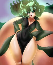 1girls alternate_version_available black_dress breasts clothing dress female female_only green_eyes green_hair hair hands_on_hips hips looking_at_viewer nyarlarsche one-punch_man pelvic_curtain short_hair small_breasts solo solo_female tatsumaki thick_thighs thighs wide_hips