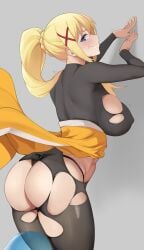 against_wall ass back big_ass big_breasts black_bodysuit blonde_hair blue_eyes blush bodysuit breasts come_hither darkness_(konosuba) female hair_ornament high_ponytail kono_subarashii_sekai_ni_shukufuku_wo! large_breasts long_hair looking_at_viewer looking_back ponytail sidelocks soba_(saz) solo torn_bodysuit torn_clothes x_hair_ornament