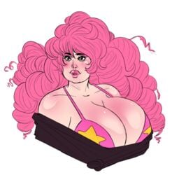 big_breasts big_lips black_eyes black_shirt bust cartoon_network curly_hair gem gem_(species) kikis_tavern pink_bra pink_hair pink_skin rose_quartz_(steven_universe) star steven_universe