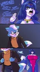 1boy 1girls 2024 arguing blue_fur dress fakeryway female jacket jeans krystal krystal_(star_fox) large_breasts male marcus_mccloud nintendo pleasure_castle scowl star_fox staring text wide_hips wide_thighs