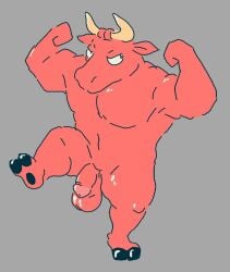 anthro balls bovid bovine casual_nudity european_mythology flaccid fur genitals greek_mythology hi_res humanoid_genitalia humanoid_hands humanoid_penis male mammal manly minotaur muscular muscular_anthro muscular_male mythology nipples nude pecs penis red_body red_fur rinrin28 solo