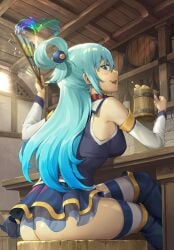 1girls absurdres aqua_(konosuba) ass bar_(place) bar_stool bare_shoulders beer_mug blue_eyes blue_footwear blue_hair blue_shirt blue_skirt boots breasts counter crossed_legs cup detached_sleeves folding_fan from_side hand_fan highres holding holding_cup holding_fan indoors kono_subarashii_sekai_ni_shukufuku_wo! lizart long_hair looking_at_viewer looking_back magic medium_breasts microskirt mug no_panties open_mouth pleated_skirt profile shirt sideways_mouth single_hair_ring sitting skirt solo stool thigh_boots thighhighs thighhighs_under_boots white_sleeves white_thighhighs zettai_ryouiki