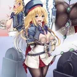 1girls artoria_pendragon blonde_hair bondage bondage breasts fate/grand_order fate_(series) green_eyes lactating lactation medium_breasts milk milking milking_machine monikano restrained