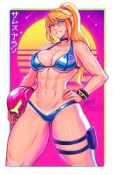 1girls armor bangs bikini blonde_hair blue_bikini blue_eyes bracelet breasts cleavage clothing female female_focus female_only hand_on_hip helmet helmet_with_visor holster human iahfy legwear metroid muscular muscular_female muscular_thighs nintendo pale_skin pinup ponytail pose poster samus_aran shiny_skin smile smiling smiling_at_viewer swimwear thick_thighs thigh_holster thighs thunder_thighs varia_suit_helmet zero_suit zero_suit_samus