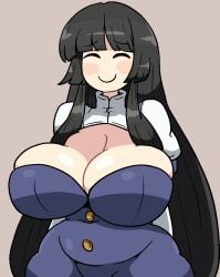 1girls alternate_breast_size alternate_version_available big_breasts black_hair breasts cleavage closed_eyes clothed_female doodle grey_background kaguya_jinguu large_breasts light-skinned_female long_hair notnoe_(dxcl) request smile solo solo_female under_night_in-birth