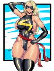 1girls areolae armwear big_breasts blonde_hair breasts cameltoe carol_danvers clothing curvy female female_only hair long_hair marvel marvel_comics mask ms._marvel ms._marvel_(carol_danvers) nipple_slip solo tesan tight_clothing uniform