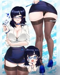 absolute_territory breasts chaichne choker cleavage female female_only fully_clothed glasses miniskirt nail_polish office_lady painted_fingernails painted_nails revealing_clothes skirt stockings tight_clothing vampire vampy_(blushypixy) vivian_(blushyspicy) wearing_glasses