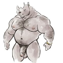 2019 anthro arm_hair balls biceps body_hair chest_hair clock dramamine english_text flaccid foreskin hi_res horn humanoid_penis male male_only mammal mature_male muscular muscular_male navel nipples nude pecs penis pubes rhinoceros rhinocerotoid simple_background solo text uncircumcised uncut watch white_background