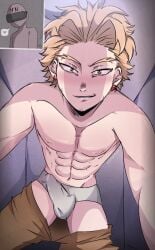 abs blonde_hair blonde_hair_male erect_penis erection erection_under_clothes erection_under_clothing hawks_(my_hero_academia) keigo_takami keigoberi looking_at_viewer looking_down looking_down_at_viewer low-angle_view male male_focus male_only muscular muscular_male my_hero_academia pants_down red_earrings smirk smirking smirking_at_viewer solo takami_keigo underwear vr_headset watermark white_skin y/n yellow_eyes