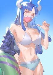 1girls bikini blue_hair breasts commentary covered_mouth curled_horns dinosaur_girl female female_only horns long_hair mask mouth_mask multicolored_hair nail_polish one_piece pink_eyes pink_hair pink_mask raine_(acke2445) solo swimsuit symbol-only_commentary ulti_(one_piece)