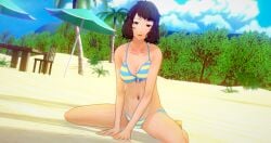 1girls 3d beach bikini black_hair blue_bikini blue_swimsuit breasts brown_eyes clouds gg-koi koikatsu large_breasts looking_at_viewer midriff navel outside palm_tree persona persona_5 sadayo_kawakami sandals short_hair side-tie_bikini side-tie_swimsuit sky striped_bikini striped_swimsuit swimsuit swimwear teacher umbrella yellow_bikini yellow_swimsuit