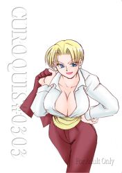 1girls big_breasts blonde_hair blue_eyes breasts busty cleavage clothed earrings elegant female king_(snk) king_of_fighters light-skinned_female light_skin long_sleeves pants shirt short_hair suit voluptuous voluptuous_female white_shirt wide_hips