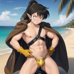 ai_generated beach black_hair blue_eyes blush harness inuyasha koga latex smile tagme thong