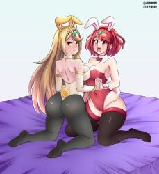 2girls ass blonde_hair bowtie breasts bunny_ears bunny_tail choker detached_collar detached_sleeves fake_animal_ears fake_tail holding_hands jarckius kneeling large_breasts leotard long_hair looking_at_viewer mythra nintendo pantyhose playboy_bunny pyra red_eyes red_hair red_leotard short_hair thighhighs tiara wrist_cuffs xenoblade_(series) xenoblade_chronicles_2 yellow_eyes yellow_leotard