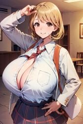 ai_generated bare_legs brown_eyes brunette_hair curvaceous curvy_female gigantic_breasts huge_breasts large_breasts light-skinned_female light_skin looking_at_viewer massive_breasts milkersenjoyer narusawa_ryouka occultic;nine short_hair smiling thick_female voluptuous voluptuous_female