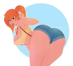 1girls aged_up alternate_breast_size artist_name ass bent_over big_ass blue_eyes breasts bubble_butt clothed clothing curvy eyelashes eyeshadow female female_only freckles hair huge_ass human human_only kasumi_(pokemon) kokobuttz large_breasts looking_back makeup misty_(pokemon) nintendo nipple_bulge nipples orange_hair pokemon pokemon_rgby shirt shorts solo suspenders thick_thighs thighs v video_games watermark wide_hips