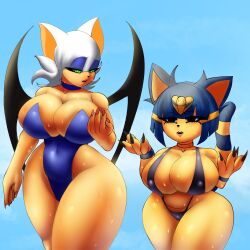 2girls animal_crossing animal_ears animal_tail ankha ankha_(animal_crossing) anthro bat bat_wings big_breasts bikini bikini_bottom bikini_top bimbo black_bikini black_eyes black_nail_polish black_nails blue_eyeshadow blue_hair blue_swimsuit breasts cat_ears cat_tail catgirl cleavage crossover eyeshadow female female_only green_eyes hair half-closed_eyes hips huge_breasts multiple_girls nail_polish nails neckwear nintendo nyarlarsche rouge_the_bat sega short_hair shortstack skimpy skimpy_bikini slingshot_swimsuit sonic_(series) sonic_the_hedgehog_(series) swimsuit swimwear thick_thighs thighs wet wet_body white_hair wide_hips wings