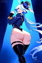 ai_generated big_ass big_booty big_butt busty fat_ass female female_focus female_only furina_(genshin_impact) genshin_impact huge_ass light long_hair looking_at_partner looking_at_viewer looking_back patreon_username print_tax5 scenery thiccwithaq_(ai_style) thighhighs twitter_username voluptuous_female white_hair