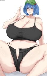 1girls artist_name big_breasts blue_eyes blue_hair breasts cleavage clothed_female hat huge_breasts light-skinned_female nitori_kawashiro omikami one_eye_closed shorts solo solo_female sweat sweating tank_top thick_thighs thighs thong touhou twintails unbuttoned_shorts watermark white_background