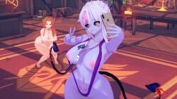 3d absurd_res big_breasts black_sclera evelynn koikatsu league_of_legends leona_(league_of_legends) nipple_piercing nipples pink_highlights queen_of_spades selfie sexual_demon_tattoo succubus tagme thick_thighs wide_hips