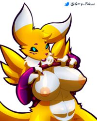 anthro big_breasts blue_eyes breasts clothing digimon digimon_(species) female fur gf hi_res mammal renamon simple_background solo white_fur yellow_fur