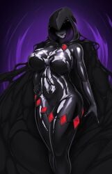 1girls breasts claws corruption crossover dc female female_only heeled_feet large_ass large_breasts long_hair long_tongue marvel raven_(dc) rikatsuky sharp_teeth solo symbiote takeover tentacle thick_thighs tongue vagina venom